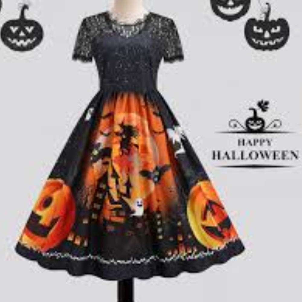 Halloween lace women S dress pin up ghost pumpink soft stretchy costume sexy